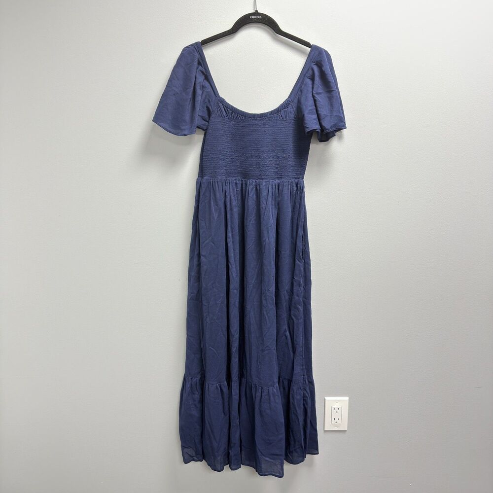 Vineyard Vines Ellen Flutter Sleeve Maxi Dress XS Navy Blue Floral Smocked